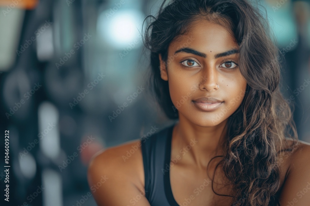 attractive indian female at gym in front of training equipment. healthy exercise routine, fitness portrait with copy space, active lifestyle and workout, physical training attractive indian female at gym in front of training equipment. healthy exercise routine, fitness portrait with copy space, active lifestyle and workout, physical training