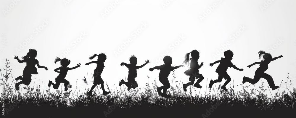 Black and white silhouettes of children jumping and playing in the grass, symbolizing childhood joy and freedom.