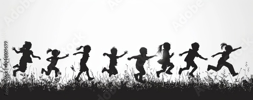 Obraz na płótnie Black and white silhouettes of children jumping and playing in the grass, symbolizing childhood joy and freedom. w salonie