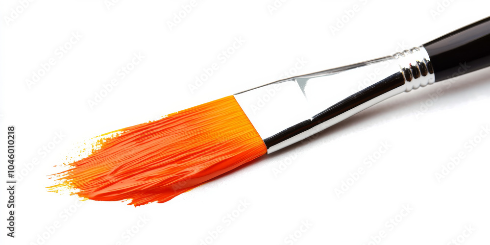 Fototapeta premium Orange oil paint brush with soft bristles and textured stroke, standing out on a white background, isolated for creative projects and artistic design