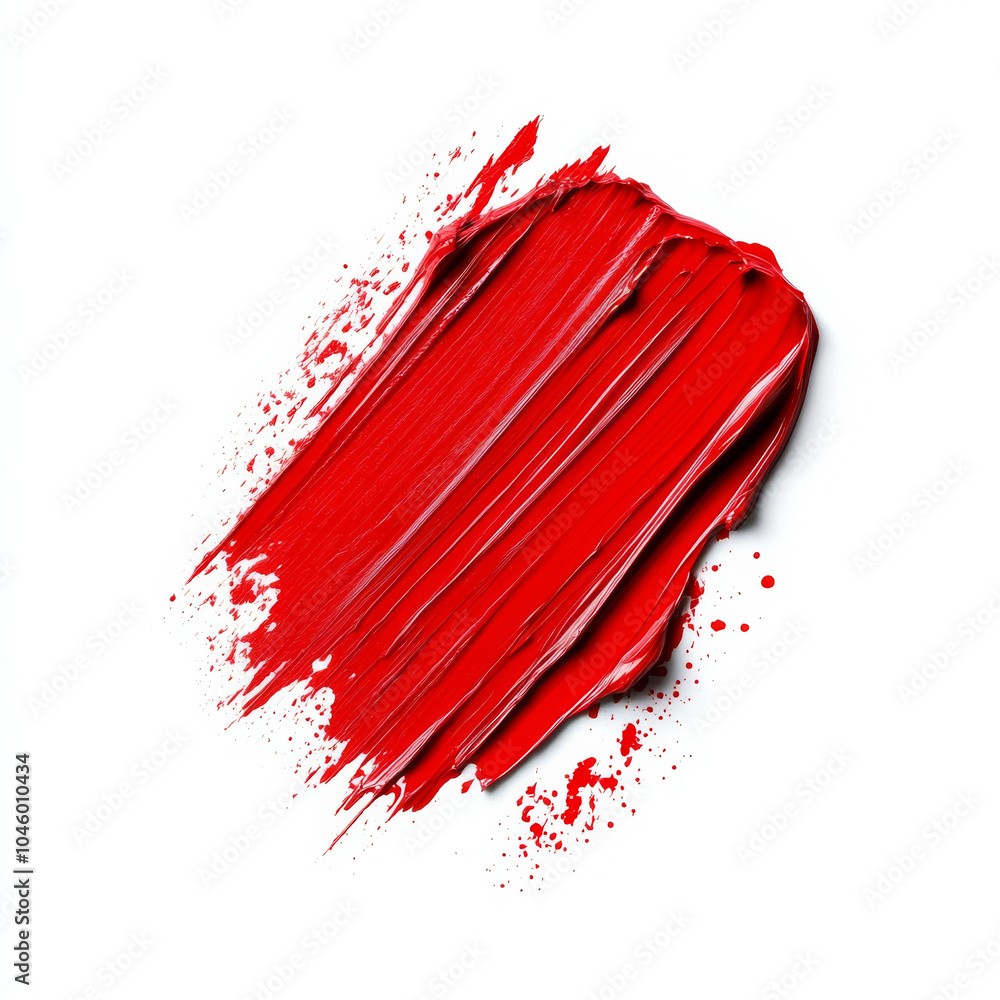 A vibrant red paint brush stroke, resembling a smudge of lipstick, isolated on a white background, showcasing the rich texture and creamy finish of the makeup product A vibrant red paint brush stroke, resembling a smudge of lipstick, isolated on a white background, showcasing the rich texture and creamy finish of the makeup product
