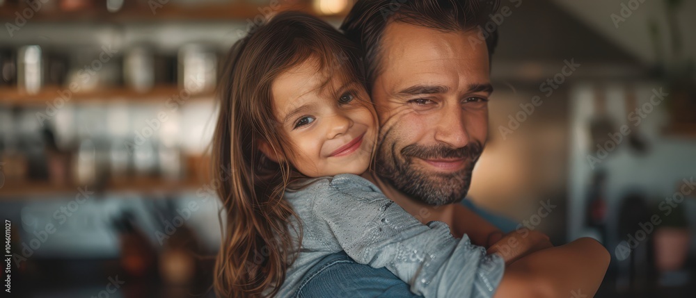 Obraz premium Heartwarming moment of father and daughter hugging in cozy kitchen setting, symbolizing family love and bonding. Free copy space for banner.