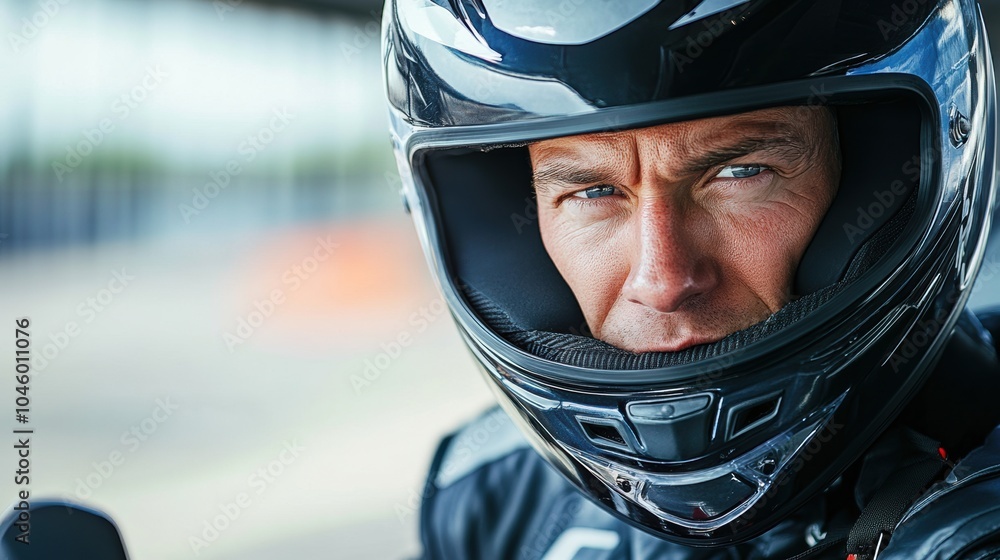 The skilled racer stares intently ahead, ready to compete on race day, showcasing focus and determination in their helmeted stance. Generative AI The skilled racer stares intently ahead, ready to compete on race day, showcasing focus and determination in their helmeted stance. Generative AI