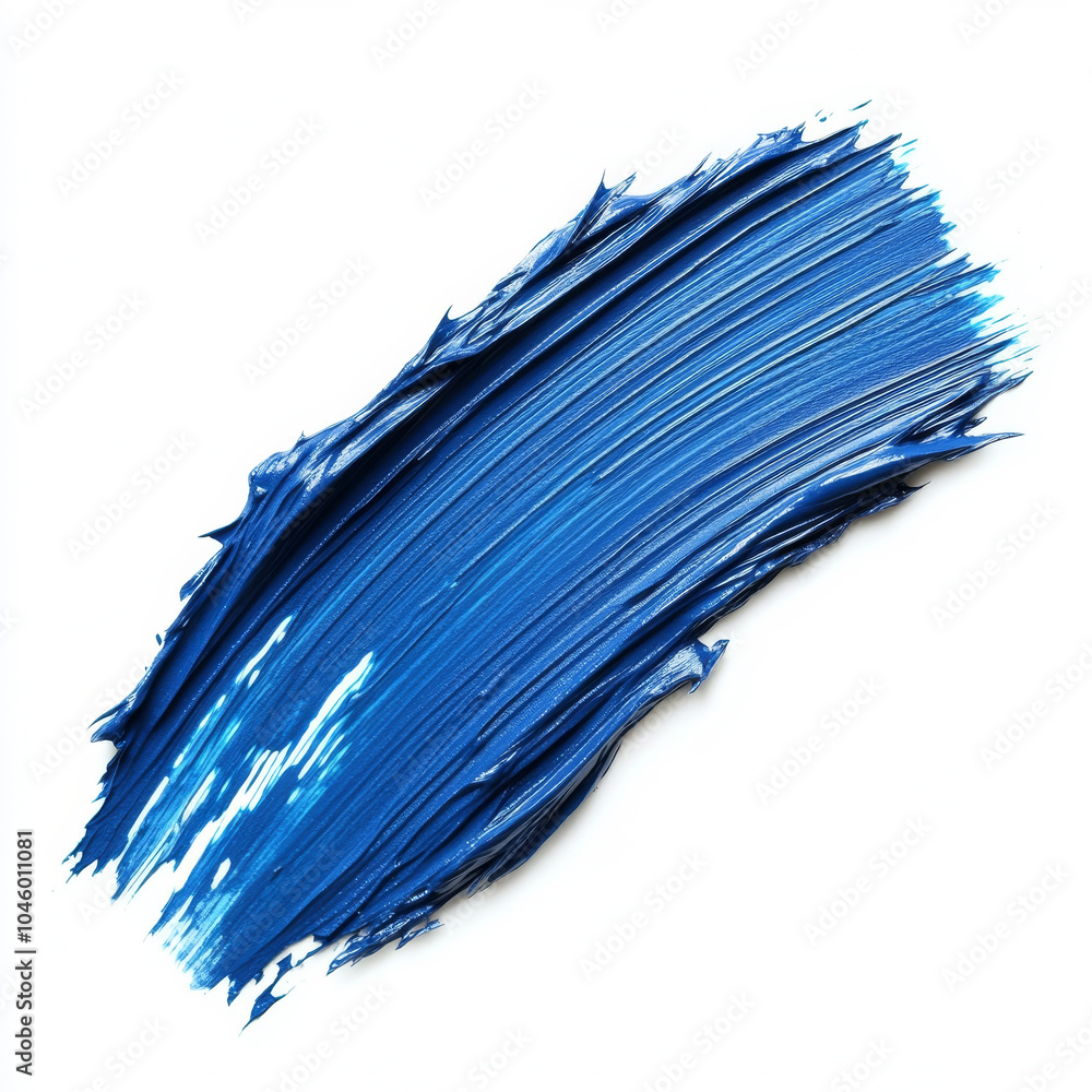 A bold blue paint brush stroke, mimicking the effect of eyeshadow, isolated on a white background, highlighting the smooth and pigmented application of the makeup A bold blue paint brush stroke, mimicking the effect of eyeshadow, isolated on a white background, highlighting the smooth and pigmented application of the makeup