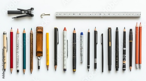 A high-resolution collection of various stationery items including pens, pencils, mechanical pencils, brushes, erasers, a paper clip, and a ruler, all isolated on a white background photo