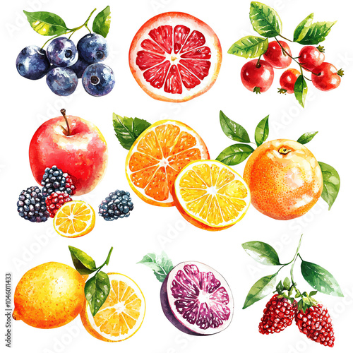 A vibrant collection of fresh fruits, including oranges, lemons, and berries, perfect for healthy lifestyle and nutrition themes.