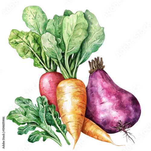 A vibrant collection of fresh vegetables including carrots, radishes, and leafy greens, perfect for illustrating healthy eating.