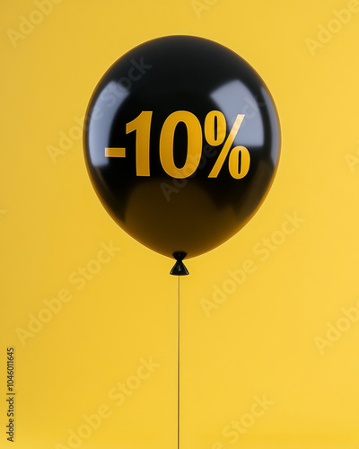 One black balloon with large gold numbers 10 discount percentages isolated on yellow background, annual sale on Black Friday, big shopping in stores