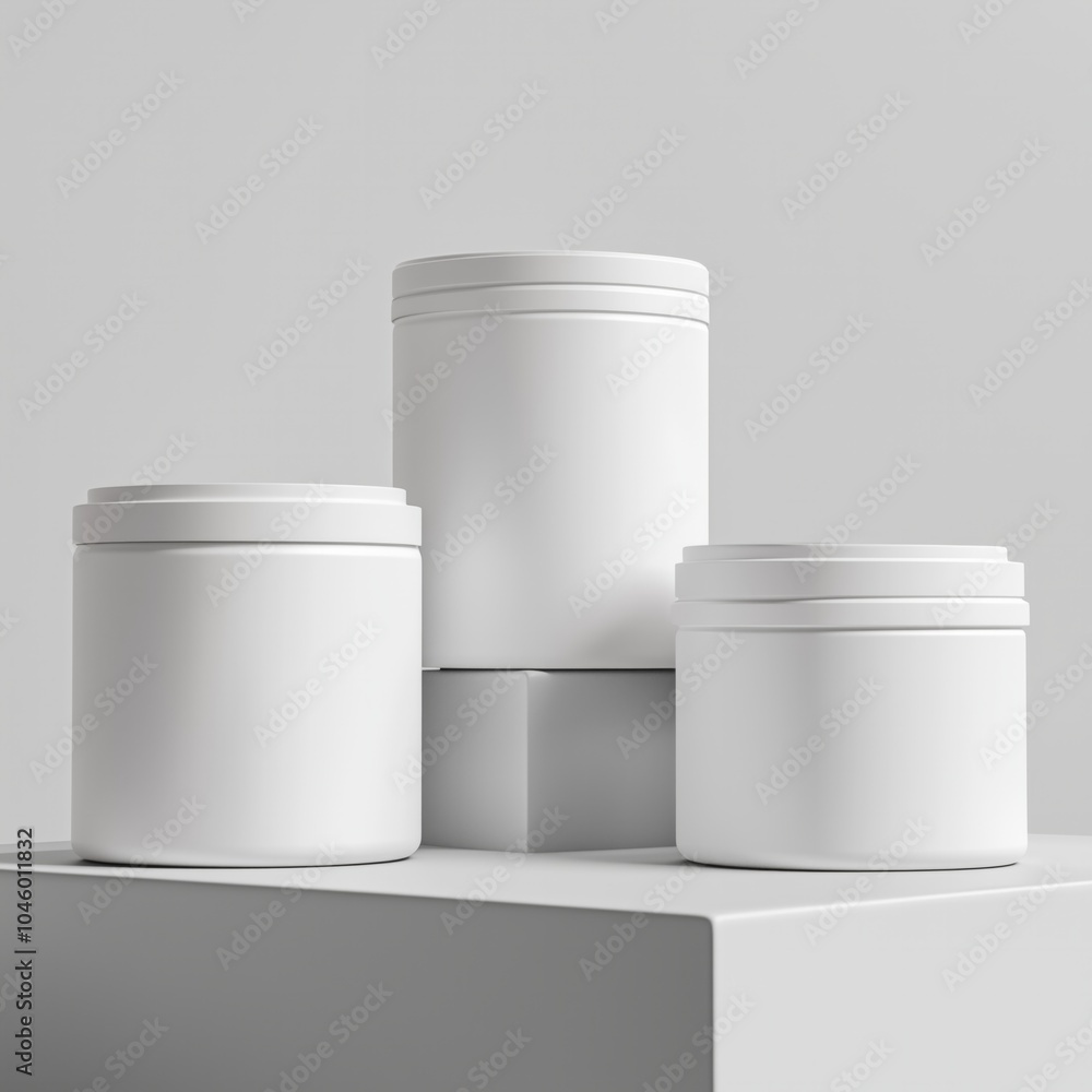 Minimalist white product containers on neutral background for branding and design Minimalist white product containers on neutral background for branding and design