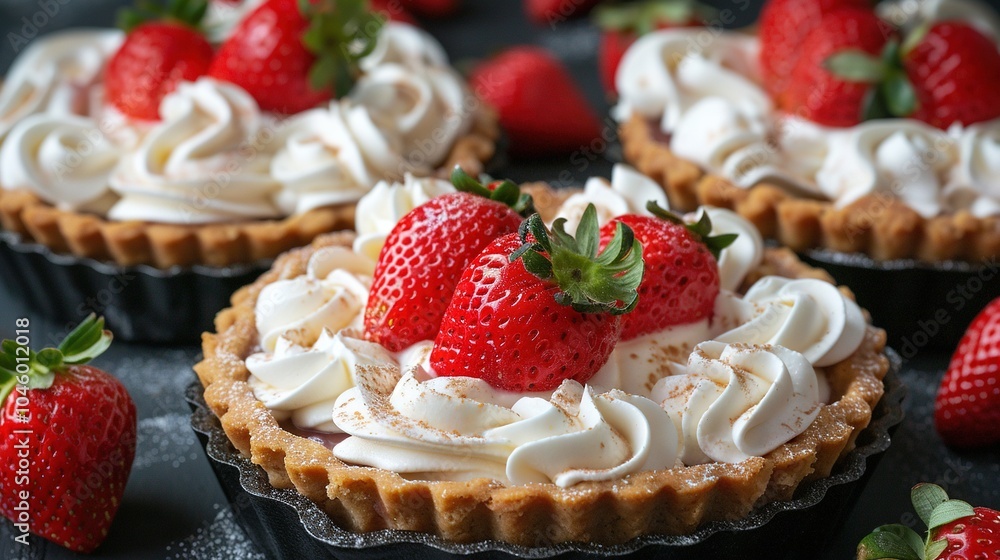A close-up of a cupcake with whipped cream and strawberries on top of the cupcakes A close-up of a cupcake with whipped cream and strawberries on top of the cupcakes