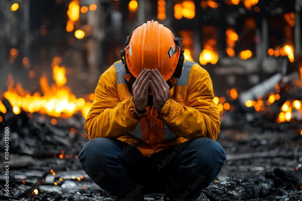 Hyper-realistic image of a person sitting in front of a burnt-out building, with reflective posture showing the weight of lessons from loss