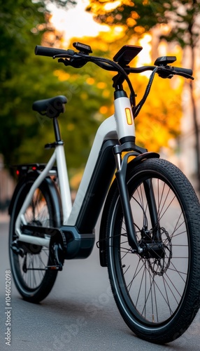 A sleek electric bicycle parked on a city street during sunset.