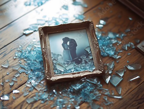 Photograph of a broken frame with a couple hugging, surrounded by broken glass on a wooden floor, evoking a sense of loss and breakup in a relationship. Sad Valentine's Day concept.