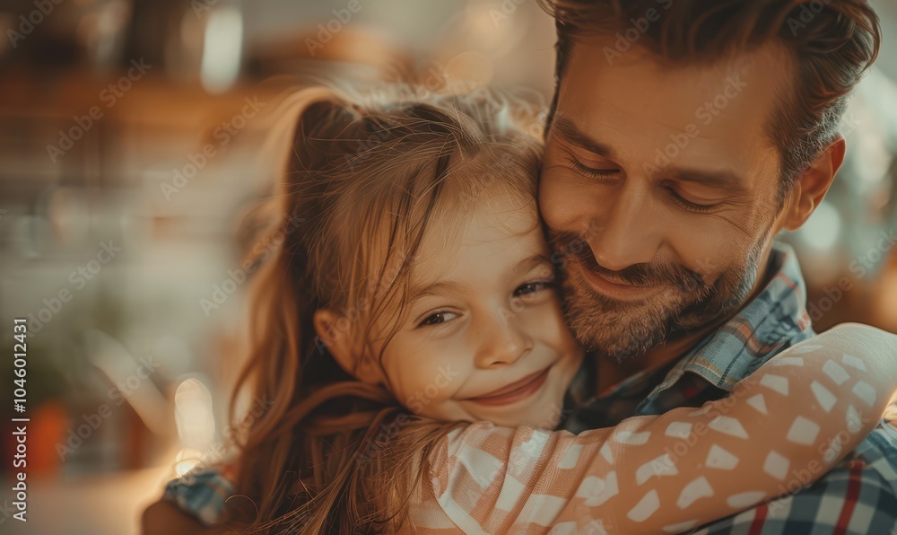 Heartwarming moment of father and daughter hugging in cozy kitchen setting, symbolizing family love and bonding. Free copy space for banner. Heartwarming moment of father and daughter hugging in cozy kitchen setting, symbolizing family love and bonding. Free copy space for banner.