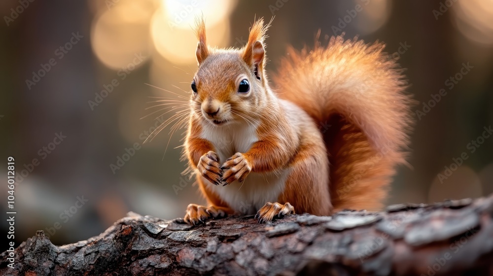 This delightful image features a squirrel poised on rough bark, surrounded by a warm sunlight glow, capturing the lively spirit and joy of nature in its essence.
