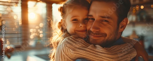 Obraz na płótnie Heartwarming moment of father and daughter hugging in cozy kitchen setting, symbolizing family love and bonding. Free copy space for banner. w salonie