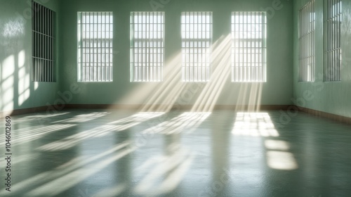 With an elegant play of light and shadow, an uncluttered room features lattice windows casting long shadows, creating a serene and contemplative environment. photo