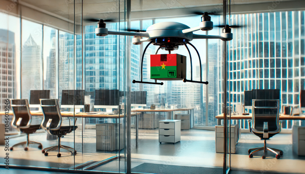 Obraz premium A drone delivers a package featuring a Burkina Faso flag in a modern office with glass walls and skyscrapers in the background.