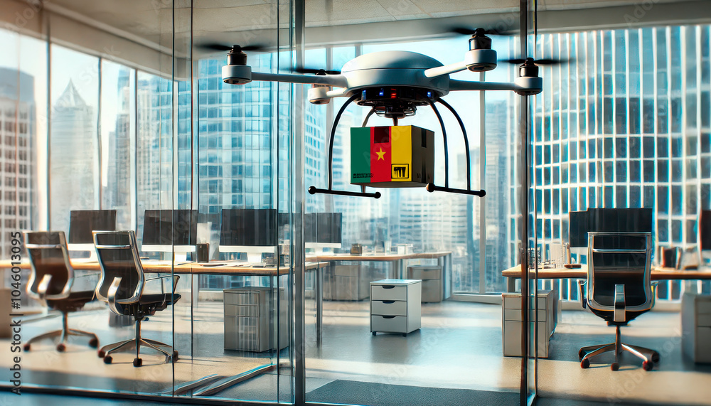 A drone delivers a package featuring a Cameroon flag in a modern office with glass walls and skyscrapers in the background. A drone delivers a package featuring a Cameroon flag in a modern office with glass walls and skyscrapers in the background.