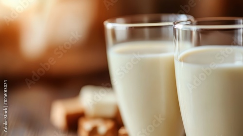 Two clear glasses filled with fresh, creamy milk are beautifully highlighted against a softly blurred background, capturing the essence of nourishment and purity.