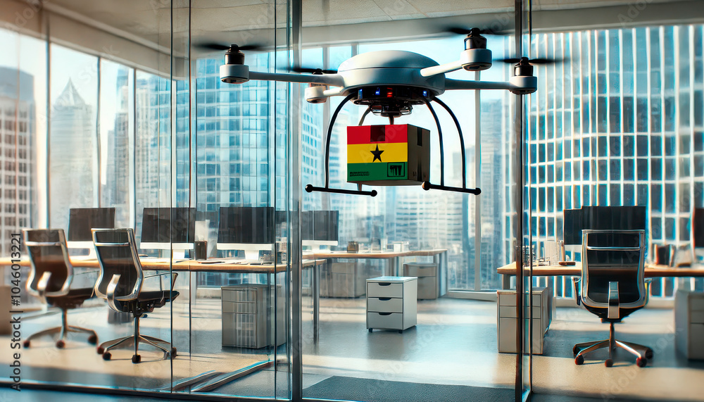 Fototapeta premium A drone delivers a package featuring a Ghana flag in a modern office with glass walls and skyscrapers in the background.