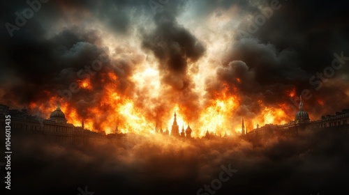 A powerful and haunting image of towering flames engulfing a city, illustrating the overwhelming force of fire and the anguish it imparts under thick smoke clouds.