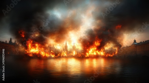 A dramatic city engulfed in flames, reflected in river, blending chaos with urban architecture, creating a vivid scene intertwining destruction and beauty.