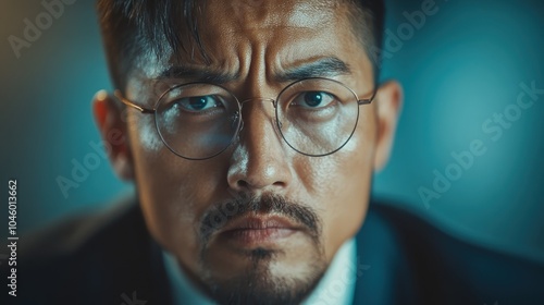 A serious, determined man wearing glasses is captured in a close-up, exuding intensity and deep focus, indicative of a thoughtful presence and careful consideration.