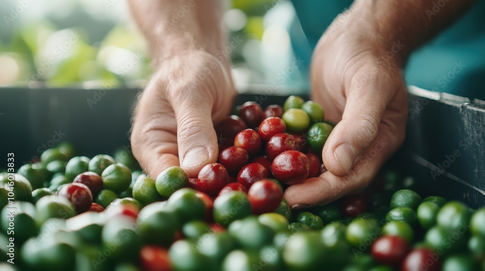 In an earthy setting, hands are seen selecting fresh coffee cherries of varying shades, showcasing the diversity and intricate process involved in coffee production. In an earthy setting, hands are seen selecting fresh coffee cherries of varying shades, showcasing the diversity and intricate process involved in coffee production.
