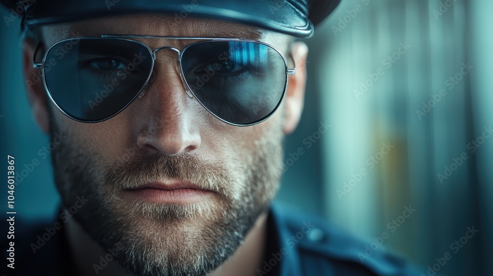 Portrait of a confident man with a trimmed beard in sunglasses and leather hat, exuding assertive demeanor and urban style, captured in close-up photography. Portrait of a confident man with a trimmed beard in sunglasses and leather hat, exuding assertive demeanor and urban style, captured in close-up photography.