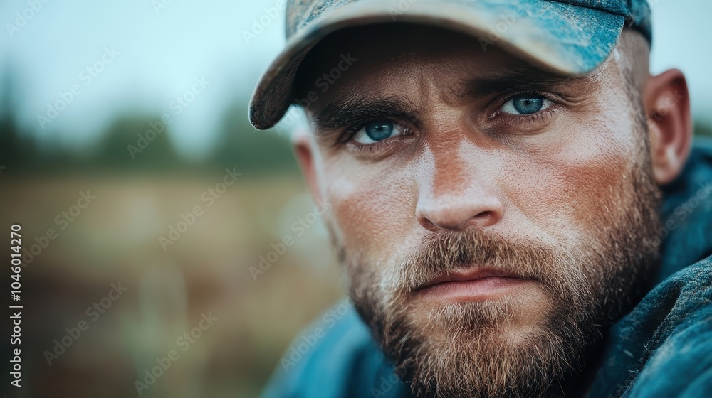 A man with a beard and intense gaze wears a cap, standing in a rural setting, evoking the hardiness of farm life and resilience in the open landscape. A man with a beard and intense gaze wears a cap, standing in a rural setting, evoking the hardiness of farm life and resilience in the open landscape.