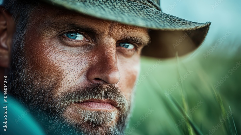 An expressive close-up of a mature man with blue eyes under a straw cowboy hat, his gaze tells a story of wisdom and life experience amidst a natural backdrop. An expressive close-up of a mature man with blue eyes under a straw cowboy hat, his gaze tells a story of wisdom and life experience amidst a natural backdrop.