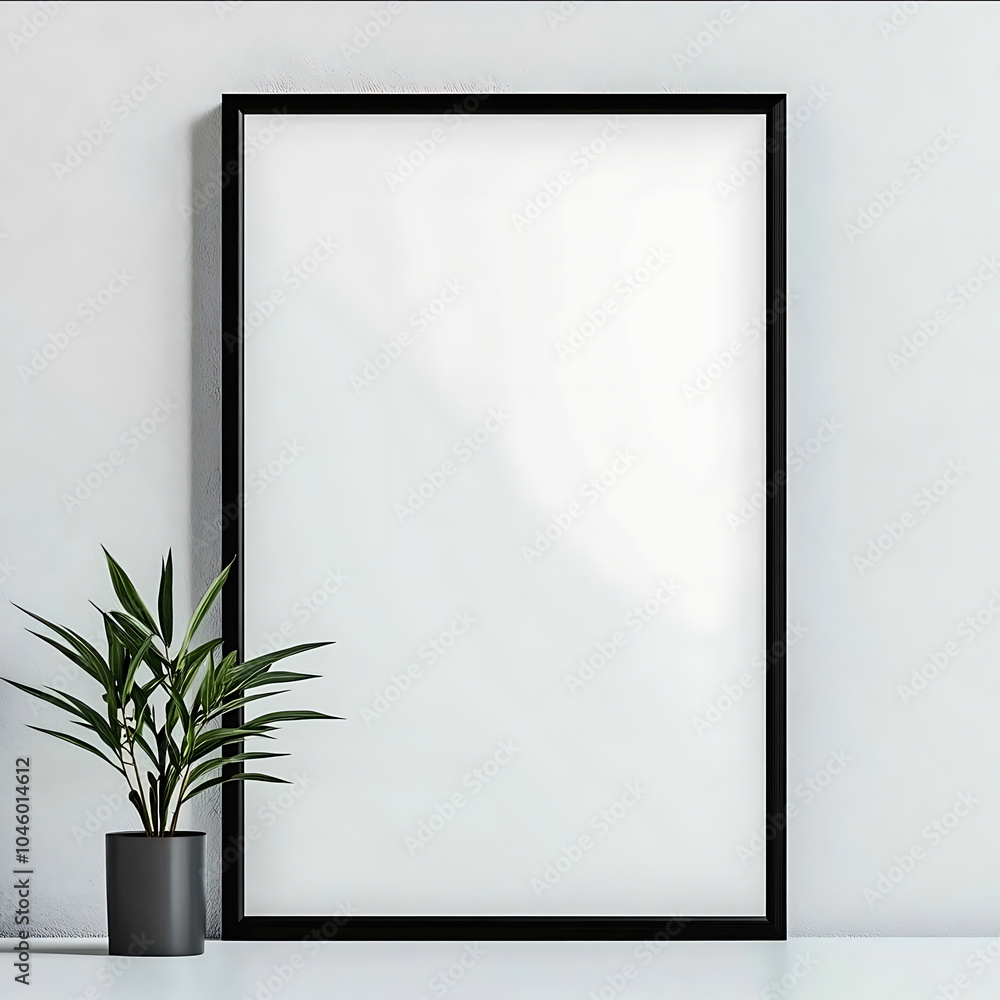 A blank white poster in a black frame hanging on the wall of an office with a minimalist decor The image should show the entire blackframed poster with a visible bord A blank white poster in a black frame hanging on the wall of an office with a minimalist decor The image should show the entire blackframed poster with a visible bord