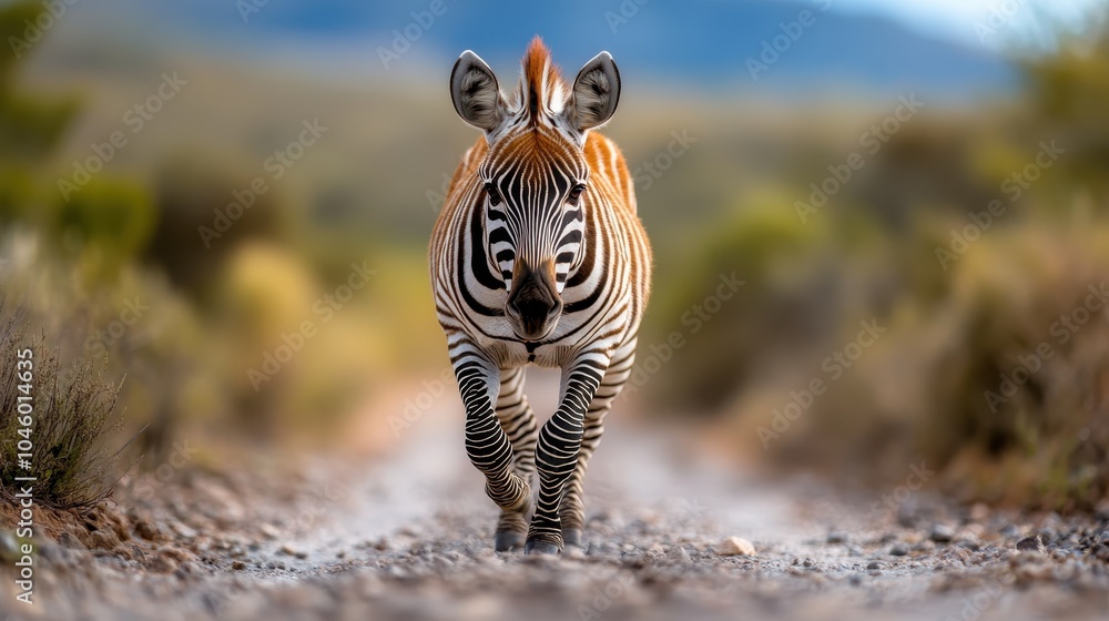 Fototapeta premium A lone zebra gracefully walks down a rocky path in the wilderness, showcasing elegance and independence against a backdrop of natural and serene surroundings.
