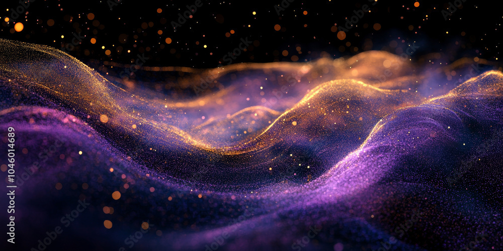 Obraz premium Grainy background displaying a glowing lavender, gold, and deep teal color wave on a black backdrop, enriched with noise texture for a dynamic banner design