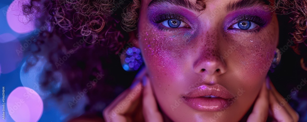 Close-up of a woman with glitter makeup, bold eyeshadow, and freckles in a vibrant light. Free copy space for banner. Close-up of a woman with glitter makeup, bold eyeshadow, and freckles in a vibrant light. Free copy space for banner.