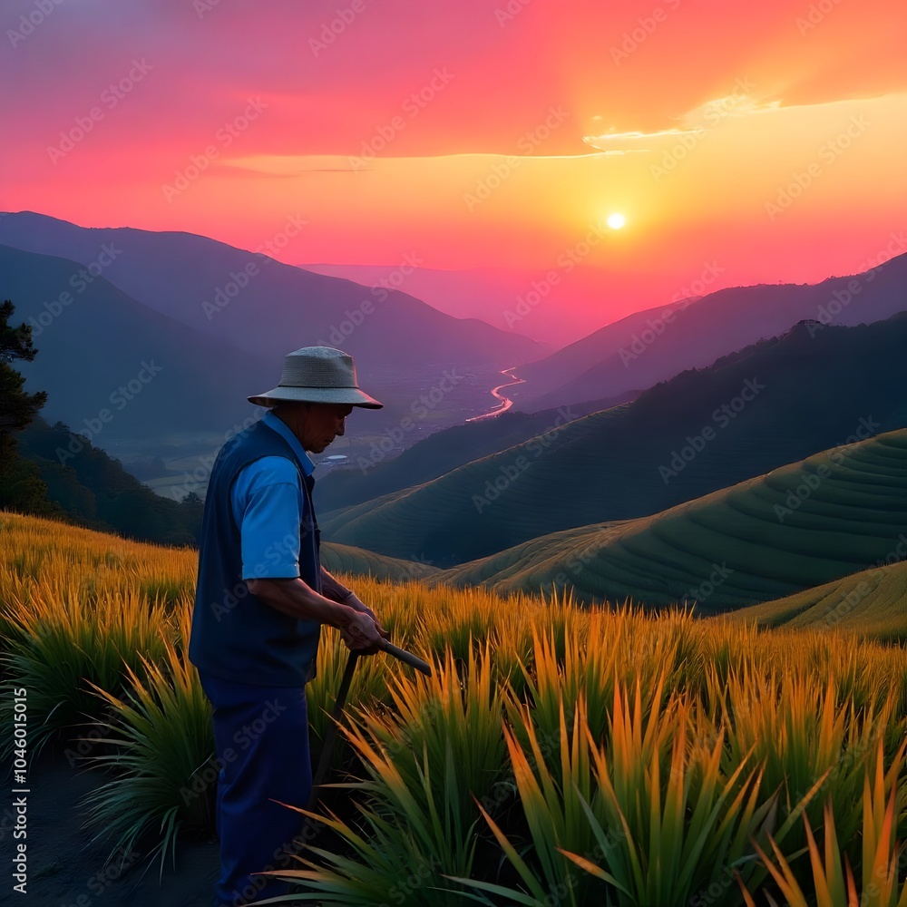 Fototapeta premium Man in a hat standing in a field of tall grass at sunset.