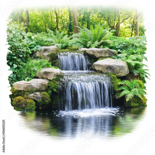 A serene forest pond with crystal-clear water reflecting the surrounding trees, featuring a gentle waterfall cascading down moss-covered rocks, surrounded by lush greenery and ferns, creating a