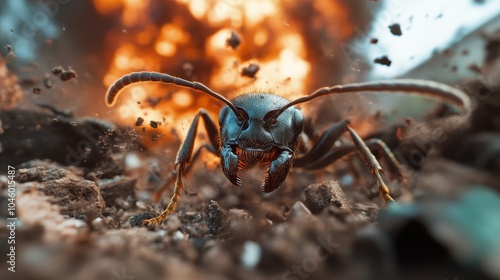 An ant is shown in close-up with an explosive background, capturing a moment of action and drama, possibly representing chaos or survival under harsh conditions.