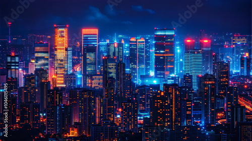 Stunning city skyline at night with vibrant neon lights and modern architecture.