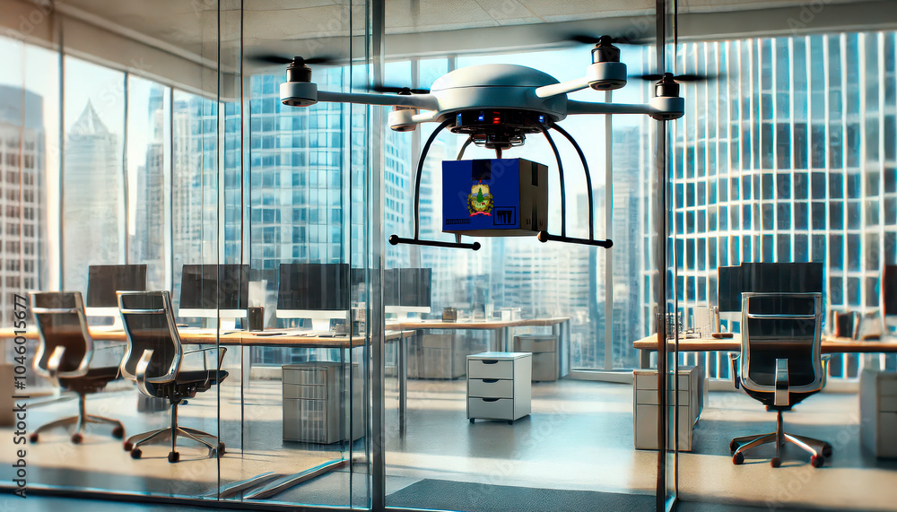 Fototapeta premium A drone delivers a package featuring a Vermont flag in a modern office with glass walls and skyscrapers in the background.