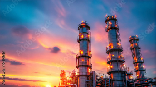 Industrial plant with smokestacks against a vibrant sunset. photo