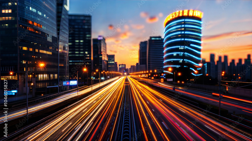 Fototapeta premium City skyline at dusk with vibrant light trails and modern skyscrapers.