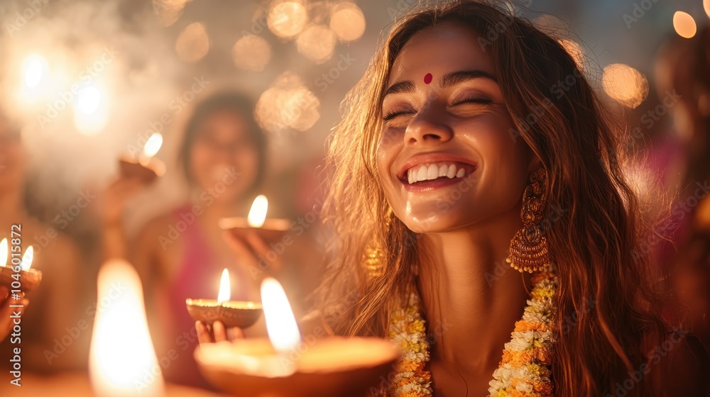 A happy woman with a bright smile holds diya lamps amidst garlands, celebrating in a festive setting, capturing the essence of joy and cultural tradition. A happy woman with a bright smile holds diya lamps amidst garlands, celebrating in a festive setting, capturing the essence of joy and cultural tradition.