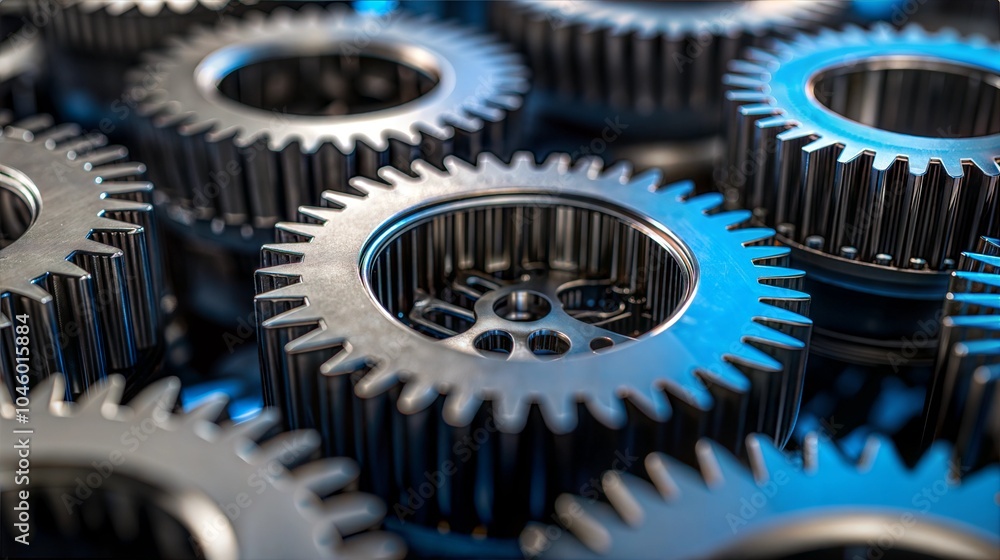 Close-up of metallic gears with a reflective surface on a dark background. Close-up of metallic gears with a reflective surface on a dark background.