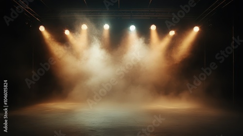 A visually striking image of an empty stage enveloped in moody, dramatic lighting with strategically placed fog, ready to enhance performances or set the atmospheric scene. photo