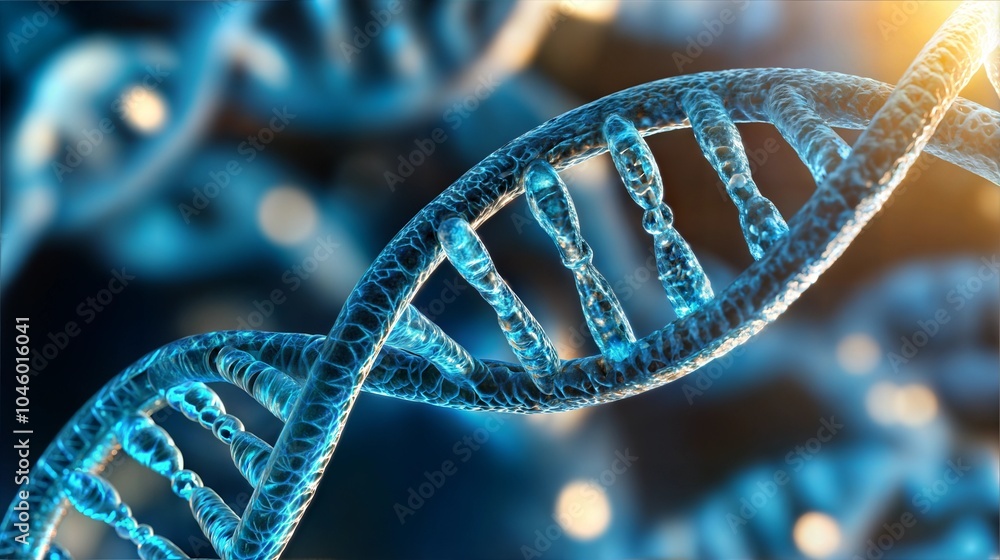 Close-up view of a DNA double helix structure with glowing blue strands. Close-up view of a DNA double helix structure with glowing blue strands.