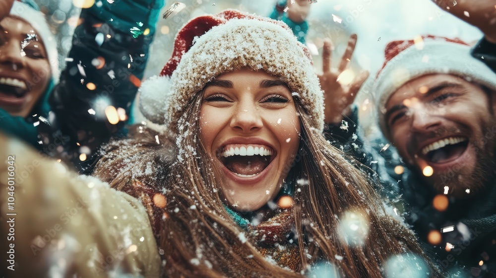 A group of friends wearing festive hats enjoys a wintry holiday celebration, filled with laughter, cheer, and the magic of snow and sparkling lights around. A group of friends wearing festive hats enjoys a wintry holiday celebration, filled with laughter, cheer, and the magic of snow and sparkling lights around.