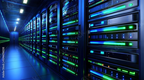 Data center with servers and glowing lights, modern server technology.