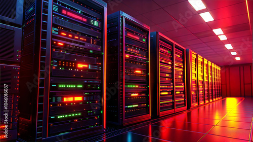 Data center with illuminated servers and colorful LED lights in a modern setup.